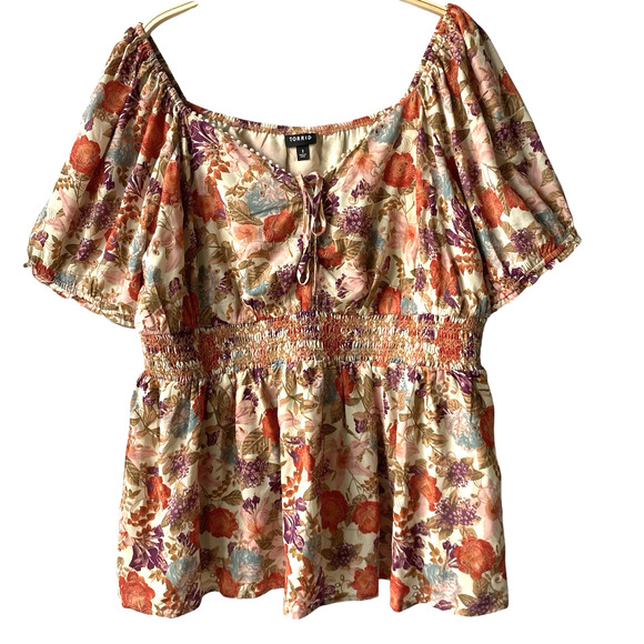 Torrid Georgette Eyelet Puff Sleeve Floral Top Women 1X Multicolor Smocked Waist - Picture 1 of 11